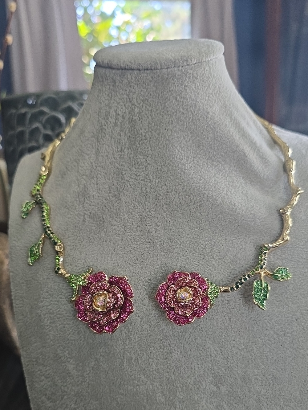 Betsey Johnson Pink Rose and Green Leaf Crystal Necklace